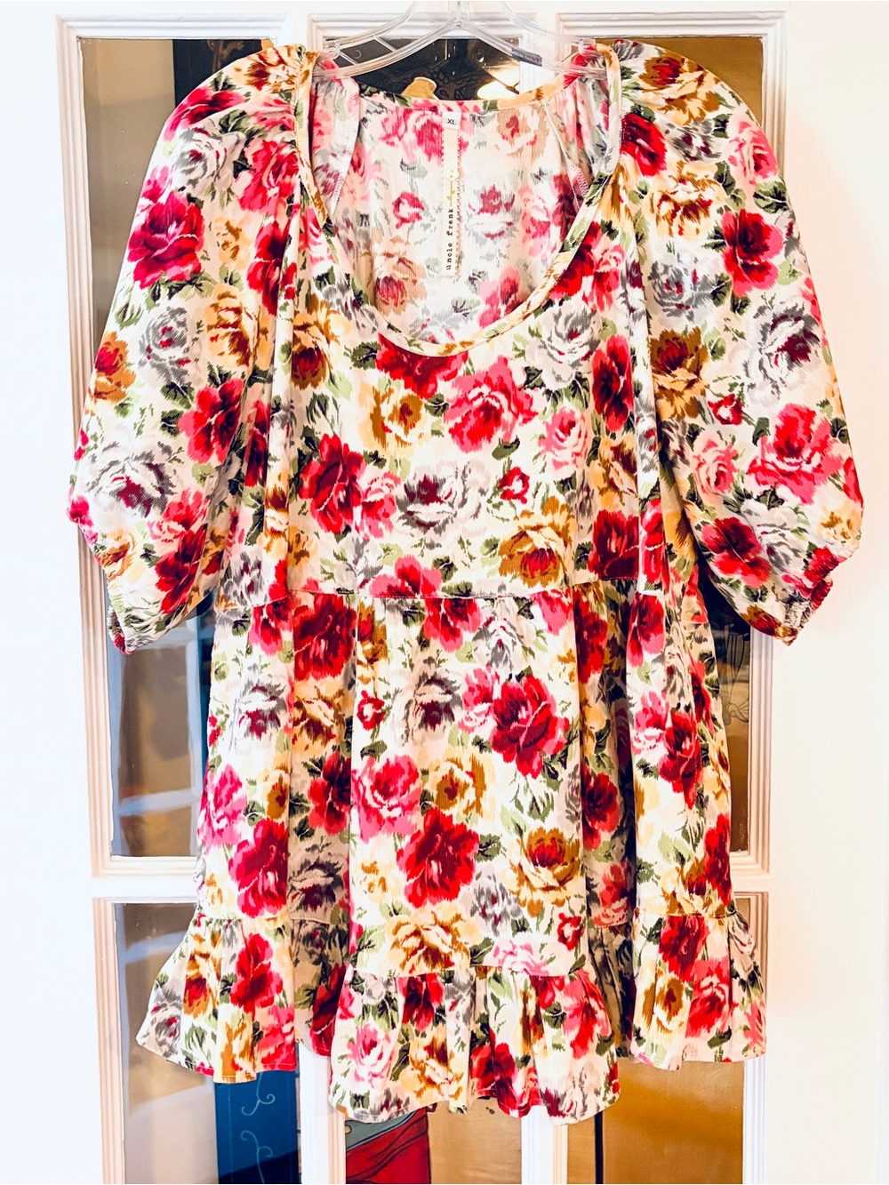 Uncle Frank Floral Babydoll Top Tunic XL Boho Puff Sleeve Tiered Flowy Corduroy